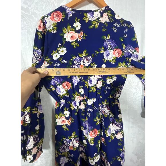 Lulus Faux Wrap Dress Medium Blue Floral NEW Long Sleeve Knee Length - Picture 10 of 12